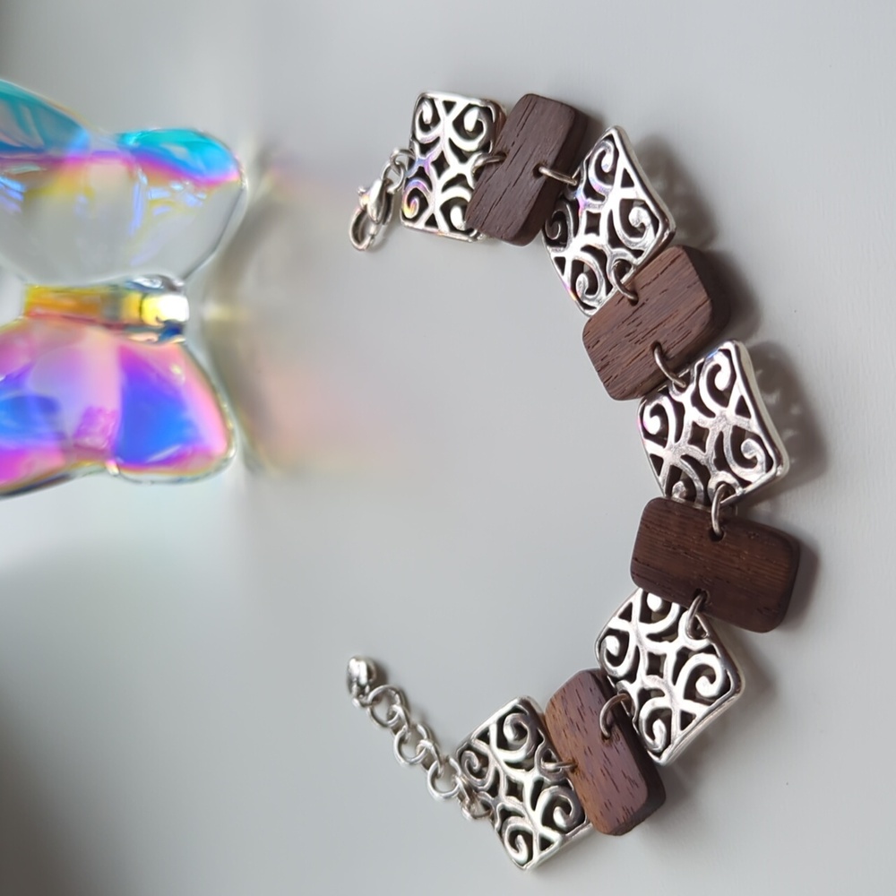 Vintage Brighton Brown Teak Wood Silver Tone Scroll Design Bracelet 7"-8" Adjust